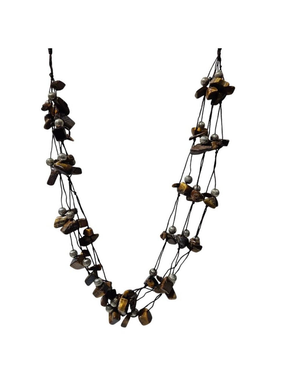 Boho Beaded Multi Strand Necklace  Tigers Eye Silver Tone Courage Strength Women